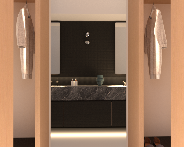 Shore Court ensuite — photorealistic 3D render produced during design and documentation