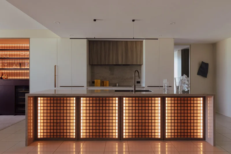 Completed Adelaide penthouse kitchen and adjoining living space designed and built by RESLU