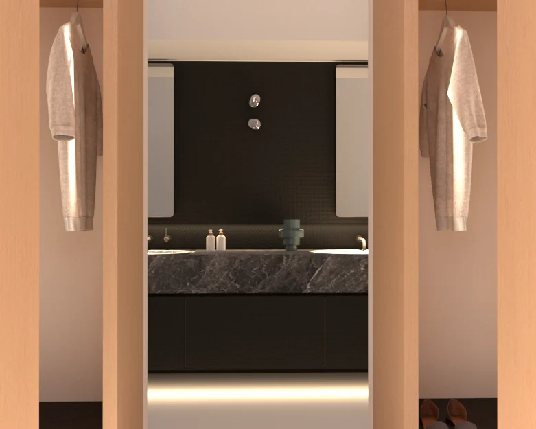 Design render of the West Lakes Shore ensuite and adjoining robe